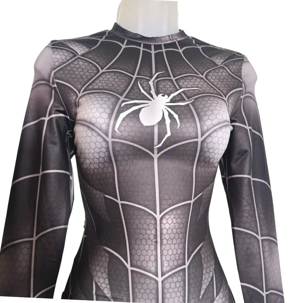 New Small Black‎ Spider Web Long Sleeve Bodysuit Spiderman Superhero Costume